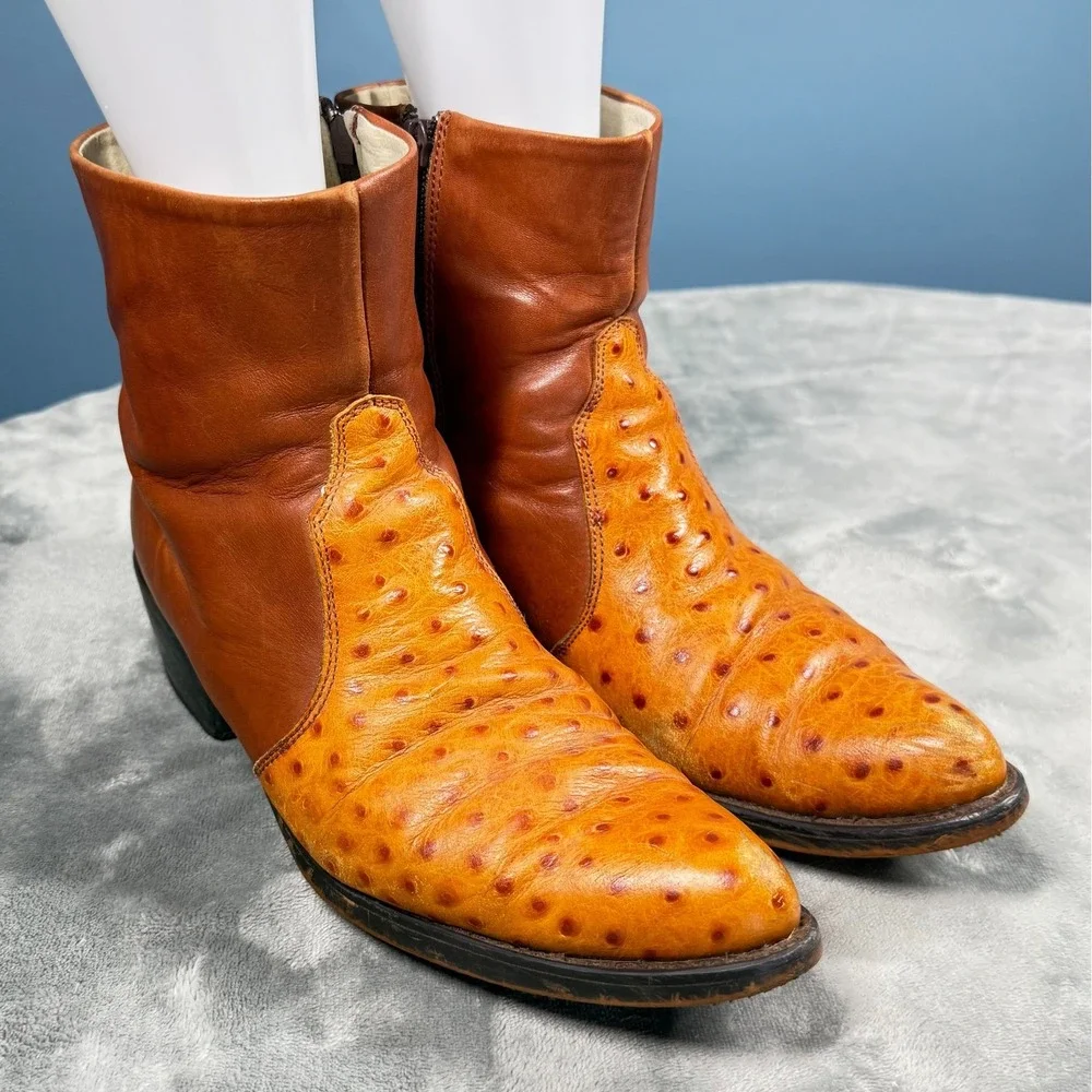 Durango Boots Mens 8.5 D Brown Ostrich Print Leather Ankle Zip Western